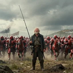 cinematic shot of a battlefield, an old haggard fisherman with a fishing rod standing defiantly before an oncoming horde of red armored cavalry by Greg Rutkowski, 4k, masterpiece