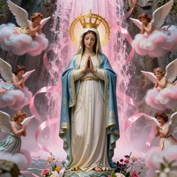 virgin mary, our lady of lourdes, blessed mother in front of a pink waterfall with ribbons and angels in clouds. highly detailed digital art. beautiful lighting. trending on artstation. art style by klimt and nixeu and ian sprigger and wlop and krenz cushart