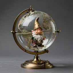 a glass globe with mechanical legs, a gnome peeking out, steampunk, professional lighting