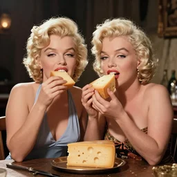 a blond mix between Marilyn Monroe and Jessica Rabbit, eating a resplendent piece of cheese, golden hour, artstation, by J. C. Leyendecker and Peter Paul Rubens,