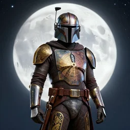 the mandalorian surrounded by starlight, moon behind him, the body decorated with yantra and lacquer gilded, fantasy, intricate, elegant, hyper detailed, ultra definition, photoreal, artstation, unreal engine rendered, concept art, smooth, sharp focus, illustration, art by artgerm and greg rutkowski and alphonse mucha and garis edelweiss