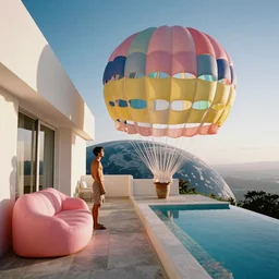 a grainy film photograph pov holiday maker on balcony in dream state alien world. minimalist architecture. pastel coloured inflatable parachute furniture. planet earth visible. ambient light. refraction. sunrise. swimming pool.