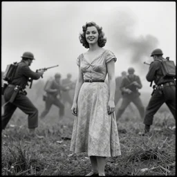 black and white glomour photograph from 1 9 3 0 of the female model in posing with smile in a beautiful dress with the war happening just behind her, full view, detailed, natural light, mist, film grain, soft vignette, sigma 5 0 mm f / 1. 4 1 / 1 0 sec shutter, imax 7 0 mm footage