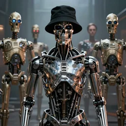 beautiful fantasy character portrait, the terminator, wearing black bucket hat, futuristic chrome parts, ultra realistic, dramatic lighting, droids, the fifth element artifacts, perfect symmetry, highly detailed by peter mohrbacher, hajime sorayama, wayne barlowe, boris vallejo, aaron horkey, gaston bussiere, craig mullins