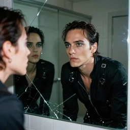 cinestill 5 0 d candid photographic portrait by quentin tarantino of a beautiful mixed feminine man wearing black techwear and light makeup looking in a broken bathroom mirror, rundown new york apartment, medium closeup, retrofuturism grunge cyberpunk emotional refraction, 3 5 mm, f / 3 2, 8 k, hd, high resolution, ultra realistic faces