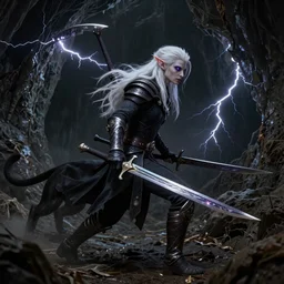 a highly detailed matte portrait of a drow elf with long white hair and purple eyes carrying two scimitars and stalking through a cavern, panther companion, underdark, d & d, fantasy, viewed in profile from far away, crackling black lightning, ultrawide lens, art by john collier and albert aublet and krenz cushart and artem demura and alphonse mucha, volumetric lighting, octane render, 4 k resolution, trending on artstation, masterpiece
