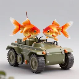 beautiful render of two goldfish driving a tank, octande render, vray