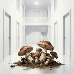 a rotten fungus mushroom clump in a bright white hallway with many doors and stairs, Mc Escher architecture, epic composition, decay, anime key visual