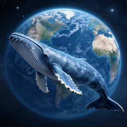A gigantic blue whale floating in space, Earth in the background - n 6