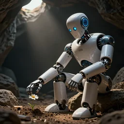 close-up of a robot sitting down, reaching to grab a single flower in the dirt, dark open cave, no grass, sun shining through a hole in the ceiling, 3d render, fantasy, Unreal Engine, octane render, ray tracing, Unity, highly detailed, high quality, HD, 4k, 8k, realistic, sharp, trending