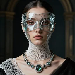 a futuristic portrait by mask made of wires and and glass peices, necklace made by white nets twisted around neck, design by leonardo davinci, inspired by egon schiele, modern art, baroque art jewelry, new classic, fashion design, photorealistic, hyper realistic, cinematic composition, cinematic lighting, fashion design, concept art, 8 k