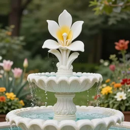 beautiful photograph of Georgia O'Keefe flower sculptural fountain in the style of Georgia O'Keefe, flowers background, shallow depth of field