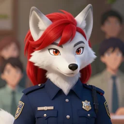 beautiful portrait of a female anthropomorphic albino wolf fursona state trooper wearing a red wig. character design by disney, charlie bowater, ross tran, artgerm, and makoto shinkai, detailed, soft lighting, rendered in octane