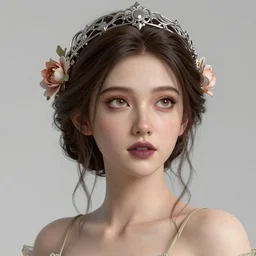 complex 3 d render, ultra detailed, realistic portrait of a beautiful porcelain skin woman, face, wispy, wavy hair worn tied back in a messy bun, wearing filigree silver elven circlet, wide hazel open eyes looking up, flowers in hair, brown eyeshadow, mauve lips, natural makeup, 8 5 mm lens, beautiful, studio portrait, spaghetti strap dress,