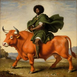photograph of a black man with afro hair wearing an army green cloak, riding!!! an orange colored bull!!!, renaissance style painting