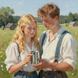 a highly detailed painting of a young couple holding a tin can, hjalteyri, summer, blonde hair, trending on artstation,