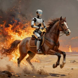 a robot riding a horse through burning man, painting by james gurney
