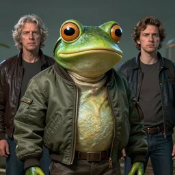 beautiful fantasy character portrait, frog like creature, wearing bomber jacket, ultra realistic, wide angle, dramatic lighting, highly detailed by hajime sorayama, boris vallejo, aaron horkey, frazetta
