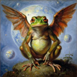 an alien frog monkey with wings on a distant cosmic world. strange anatomy. pulp sci - fi art. baroque period, oil on canvas