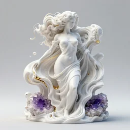 3 d fluid simulation render, octane render, xparticles, white colors, female bodies, female body covered in white blanket, white carved abstract sculpture, amethyst mineral quartz, swirly curls, abstract white fluid, golden edges and fractals