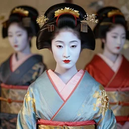 japanese geisha portrait, pale blue and gold kimono, art by artgerm, wlop, loish, ilya kuvshinov, 8 k realistic, hyperdetailed, beautiful lighting, detailed background, depth of field, symmetrical face, frostbite 3 engine, cryengine