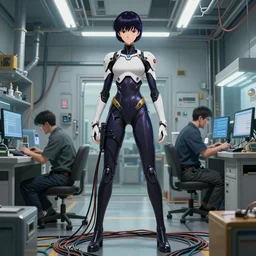 a fullbody portrait of motoko kusanagi the major ghost in the shell : : connected to cables, under repairs, maintenance area, technicians : : by ilya kuvshinov, rossdraws, artgerm, sola digital arts, anti aliasing, raytracing : :