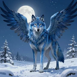 blue wolf with wings, standing facing front, regal, elegant, winter, snow, moonlit, hd, illustration, epic, d & d, fantasy, intricate, elegant, highly detailed, digital painting, artstation, concept art, smooth, sharp focus, illustration, wallpaper, art by artgerm and greg rutkowski and alphonse mucha and jin xiaodi