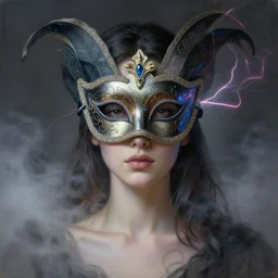 centered portrait of a beautiful woman wearing a venetian mask, intricate concept art, ethereal, highly detailed, artstation, smooth, sharp focus, oil painting, mist, soft lighting, darksynth, illuminated neon lines, outrun, vaporware, 8 k, by ruan jia and ilya kuvshinov and alphonse mucha