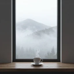 misty morning, coffee, photorealistic, octane render, minimalist, morning dew, mountains on the window