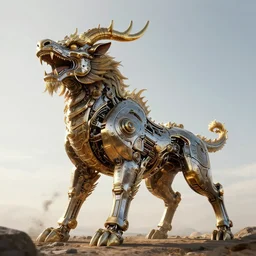 a beautiful octane renderer of a huge ferocious kylin mythical animals occupy the ground, surrealistic, epic, 8 k hd, light effect, unreal engine, trending on cgsociety, trending on artstation, ultra wide angle, hyperrealism, structure, texture, 3 d render, ray tracing, mechanics, hyper detailed, in the style of dan mumford jesper ejsing jeff easley andreas rocha xision hokusai feifei ruan yizhai shen james jean zigor samaniego, golden ratio, realistic physical rendering, close shot