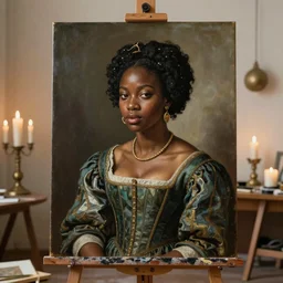 a gorgeous renaissance african lady painting, in her art room, highly detailed, candles on lampsheds, smooth, well focused, volumetric soft lighting, artstation HD, 8K