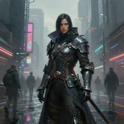 an epic portrait of a cyberpunk knight cloak posing in a foggy crowded megacity streets, Night City, cyberpunk 2077, brutalist international futurist, muted neon and constant rain and fog, unreal 5, DAZ, detailed, soft focus, brilliant colors, high contrast, brilliant highlights, 4k, 8k, HD, trending on artstation, trending on DeviantArt, painting oil on canvas illustration by Alena Aenmai by Wayne Barlowe by Gerald Brom by Noah Bradley by Thomas Kincade
