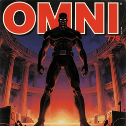 1979 OMNI Magazine Cover depicting a gigantic scary man standing in a coliseum. Cyberpunk Akira style by Vincent Di Fate
