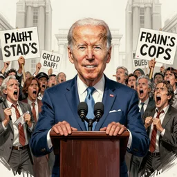 an political caricature of joe biden at a podium surrounded by a crowd of angry screaming protestors with signs, by gerald scarf and ralph steadman, illustration, ink drips, front angle, ink splatters, pen and ink, flat color, distorted features, spittle, drawing, facing front, anatomically correct, beautiful perfect face, sharp focus, highly detailed, cinematic lighting, 8 k, hd