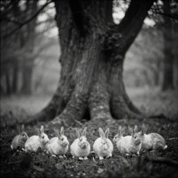 pack of small rabbits in the wood, artwork by arkhip kuindzhi, giant trees, mystic, melancholy, pinhole analogue photo quality, lomography, monochrome, blur, unfocus, cinematic, foil effect, holographic effect