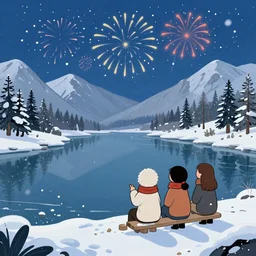 A lake between mountains, winter, snow is falling, women watches firework, cartoon, 2D