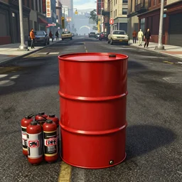 highly detailed red oil - barrel with a pack of c 4 on its side in gta v, in a empty street of new york, stephen bliss, unreal engine, fantasy art by greg rutkowski, loish, rhads, ferdinand knab, makoto shinkai and lois van baarle, ilya kuvshinov, rossdraws, tom bagshaw, global illumination, detailed and intricate environment