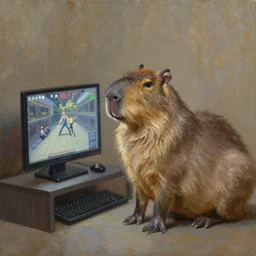 a capybara playing video games, oil painting, by randolph caldecott