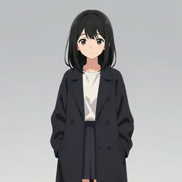 A cute anime girl wearing a stylish long coat by Range Murata, shoulder length straight black hair with bob cut, dark eyes, freckles, concept art, black and white charcoal sketch, Huke, krenz cushart, trending on artstation