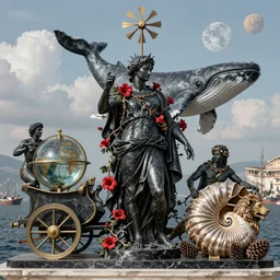 rateo, tilt shift, gulf, gulf of Naples, Pompeian, Athene, whale, narval, poseidon, naval battle, italian masterpiece, wind, sky in background, wind rose, Ashford Black Marble, sculpture, baroque,  draped with red Hibiscus and vines and spines, puffy clouds, suns, moons, drapes, armour, medieval globe, glass, portrait, siren, lion, chariot, nautilus, pinecone, render, artstation, ultra detailed