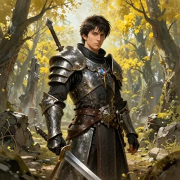 A fantasy comic book style portrait painting by Junji Ito and Greg rutkowski of Karl Urban as a Paladin in a stunning ruin setting surrounded by yellow spring forest, unreal 5, DAZ, hyperrealistic, octane render, dungeons and dragons, dynamic lighting