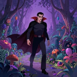 Vampire traveling through a beautiful psychedelic world, illustrated by Jim Burns