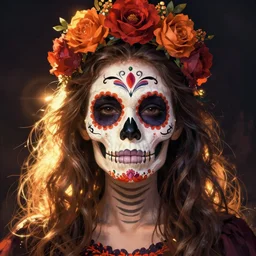 Illustration of a sugar skull day of the dead girl, art by moebius