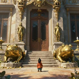 establishing shot, cinematic, character dwarfed by colossal brass toad statues, animation key shot of the great temple, door, stone steps, symmetrical statues, sunlight, ornate, rust, art deco, versailles, fountain with gold lily pads!!!, by the best artist, fantastic architecture, dry, dusty, dappled sunlight