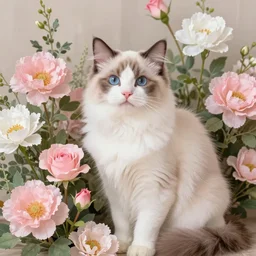 pink and white flowers, cat, by james jean