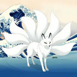 white kitsune, nine tailed fox, near a lake, hokusai style