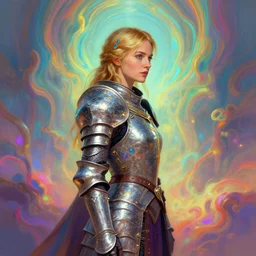 side portrait, imogen poots, paladin, gloomhaven, fantasy armor, colorful swirly ripples, gaudy colors, neo - gothic, soft, luminescent, organic matte painting, depth of field, by greg manchess, huang guangjian, greg rutkowski, jesper ejsing, magali villeneuve, artgerm, ilya kuvshinov