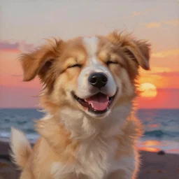 a cute smiling puppy with its eyes shut on a very windy day, at the sea, wind blowing through its fur, strong wind, closed eyes, highly detailed, hyperrealistic, intricate, sunset in the background, rays of golden red sunlight, oil painting by greg rutkowski and artgerm and wlop