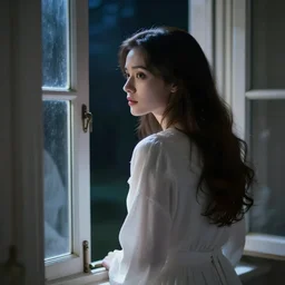 Halloween film, cinematic color tones. Scene where a woman in white looking the window at night, focus her back