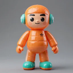 accurate detailed pvc inflatable orange & teal colored action figure fashion god, full body, futuristic, concept art, character only, detailed art, adidas streetwear, figurine!!!, studio lighting, grey background, no shadow, trending on artstation, 4 k, sharp, highly - detailed, focus on face!!!